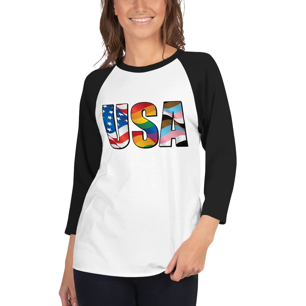 USA Pride - 3/4 Sleeve Raglan Shirt - Supporting Equal Rights for All Americans Shirts & Tops Woke American Apparel White/Black XS 