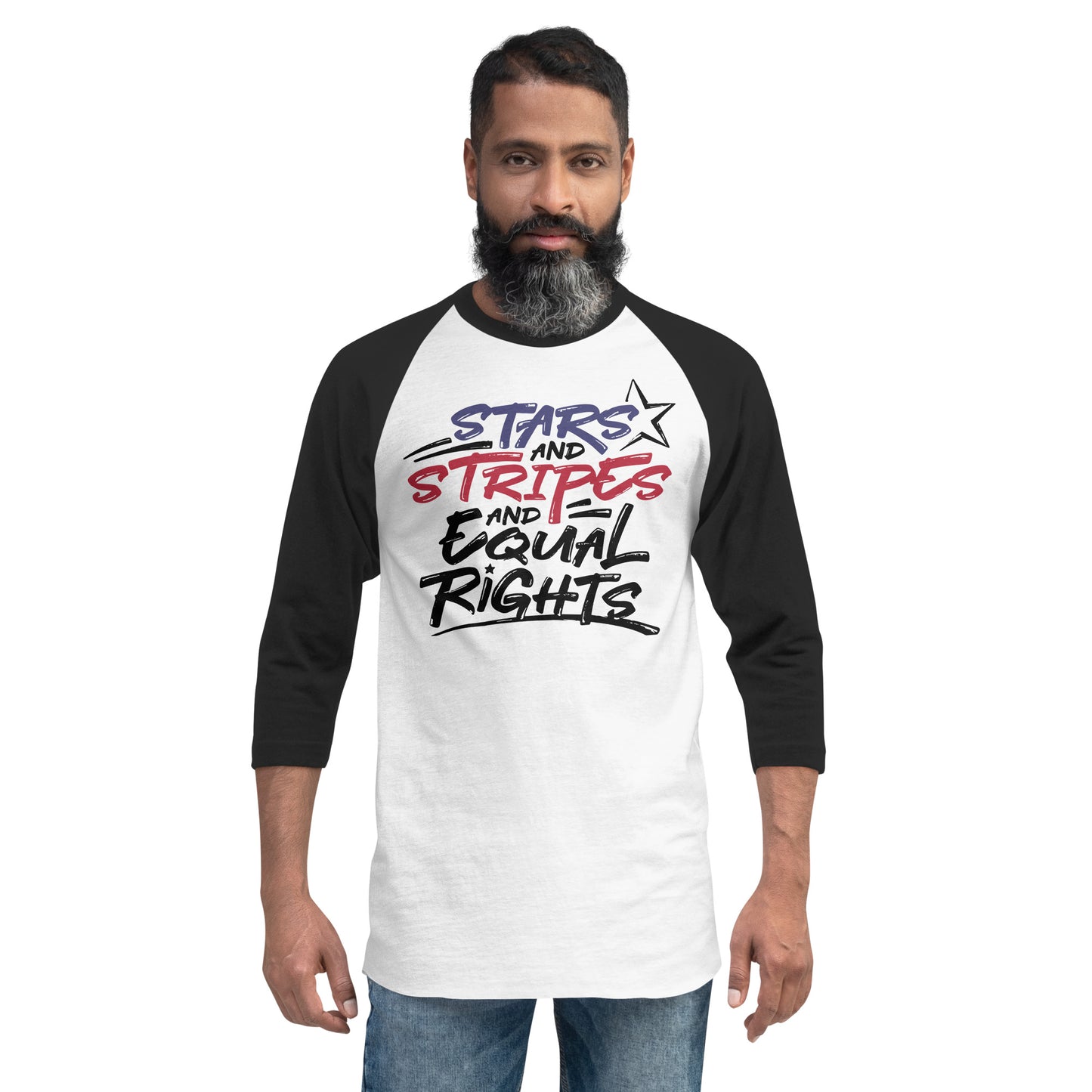 Stars and Stripes and Equal Rights - 3/4 Sleeve Raglan T-Shirt - Supporting Black Lives Matter and Equal Rights for All Americans Shirts & Tops Woke American Apparel White/Black XS 