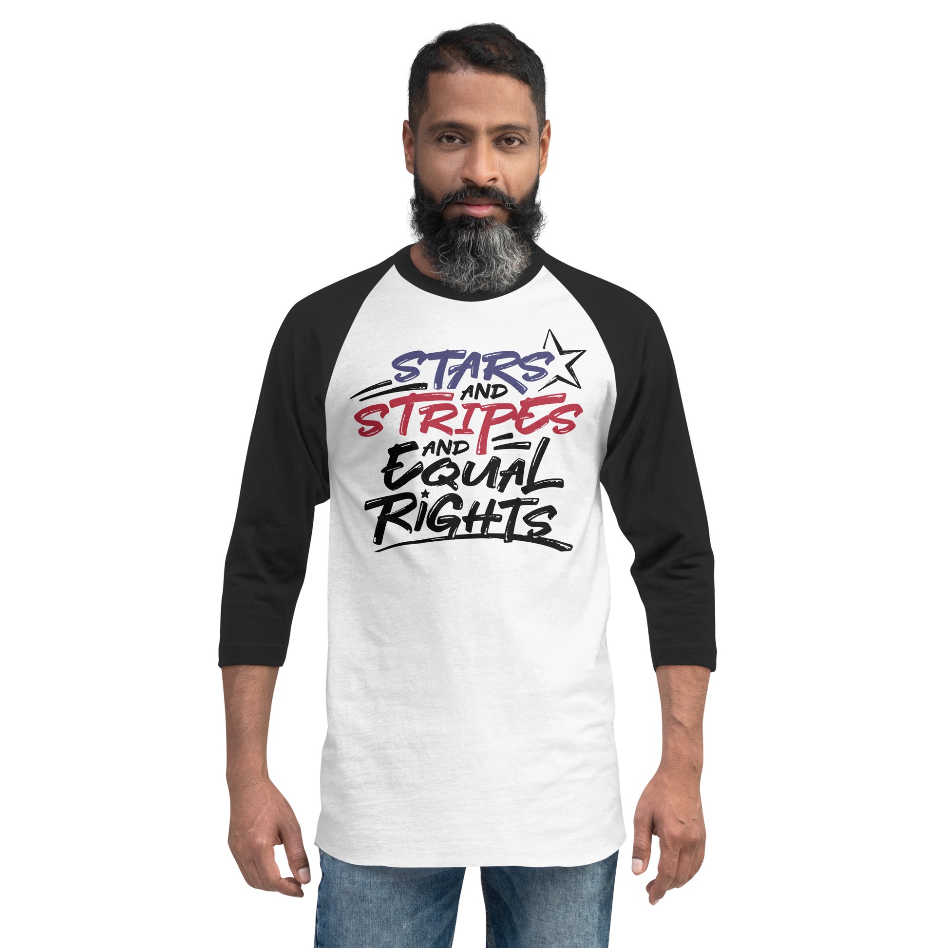 Stars and Stripes and Equal Rights - 3/4 Sleeve Raglan T-Shirt - Supporting Black Lives Matter and Equal Rights for All Americans Shirts & Tops Woke American Apparel White/Black XS 