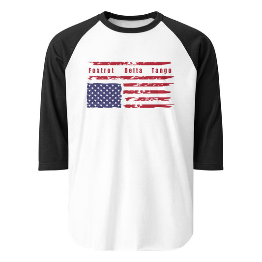 Foxtrot Delta Tango (Flag) - 3/4 Sleeve Raglan T-Shirt Shirts & Tops Woke American Apparel White/Black XS