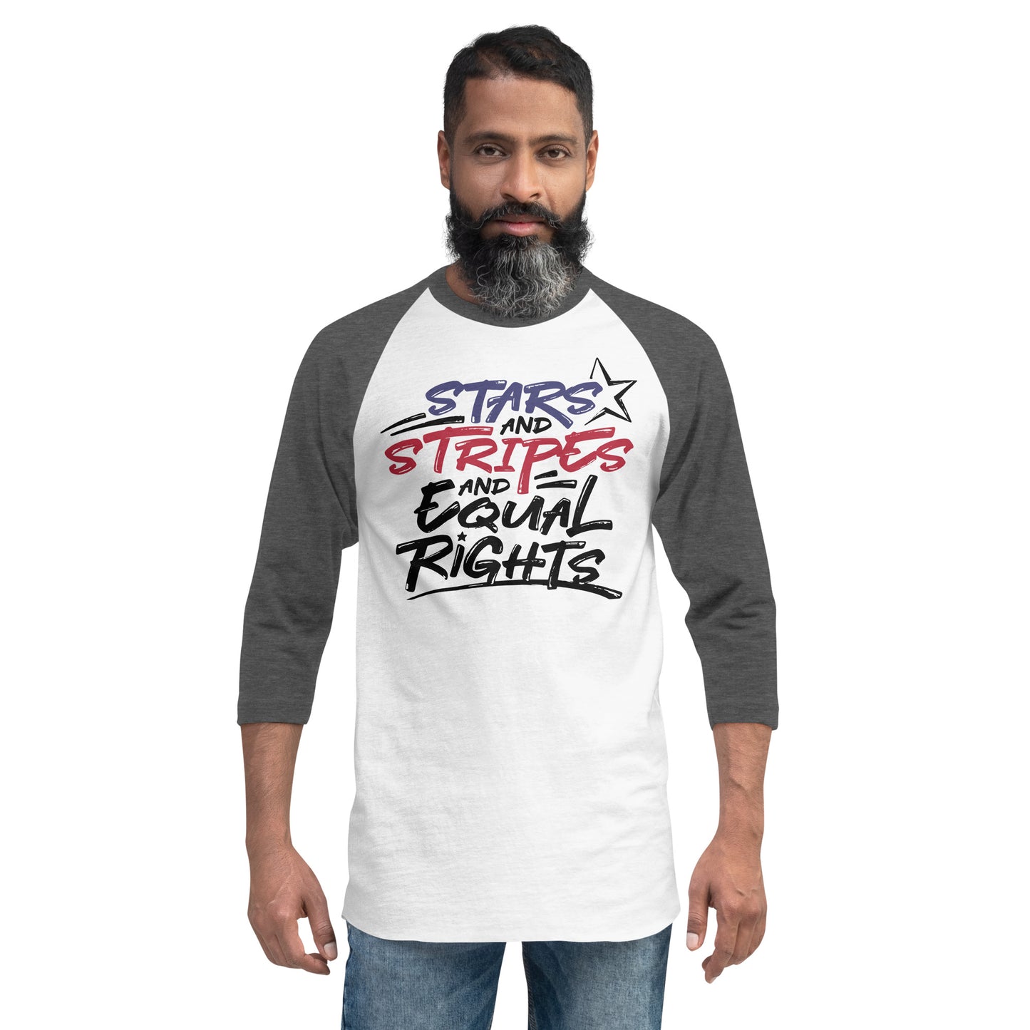 Stars and Stripes and Equal Rights - 3/4 Sleeve Raglan T-Shirt - Supporting Black Lives Matter and Equal Rights for All Americans Shirts & Tops Woke American Apparel White/Heather Charcoal XS 