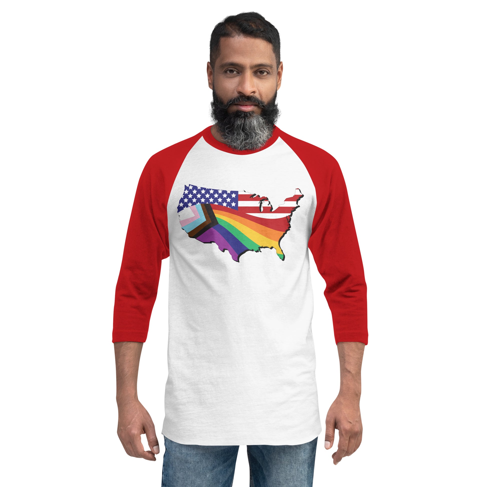 US Map Old Glory Pride - 3/4 Sleeve Raglan Shirt - Supporting Equal Rights for All Americans Shirts & Tops Woke American Apparel White/Red XS 