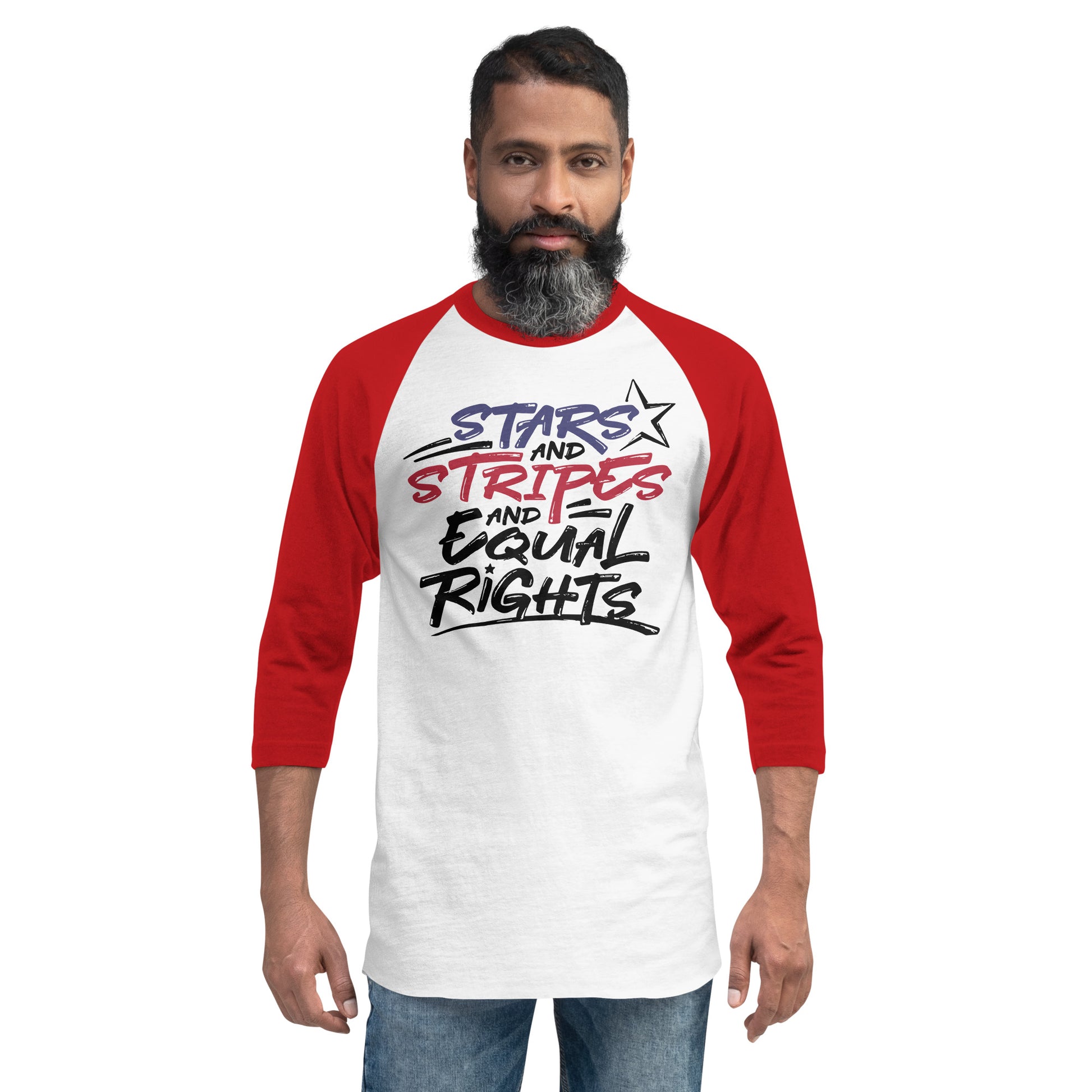 Stars and Stripes and Equal Rights - 3/4 Sleeve Raglan T-Shirt - Supporting Black Lives Matter and Equal Rights for All Americans Shirts & Tops Woke American Apparel White/Red XS 