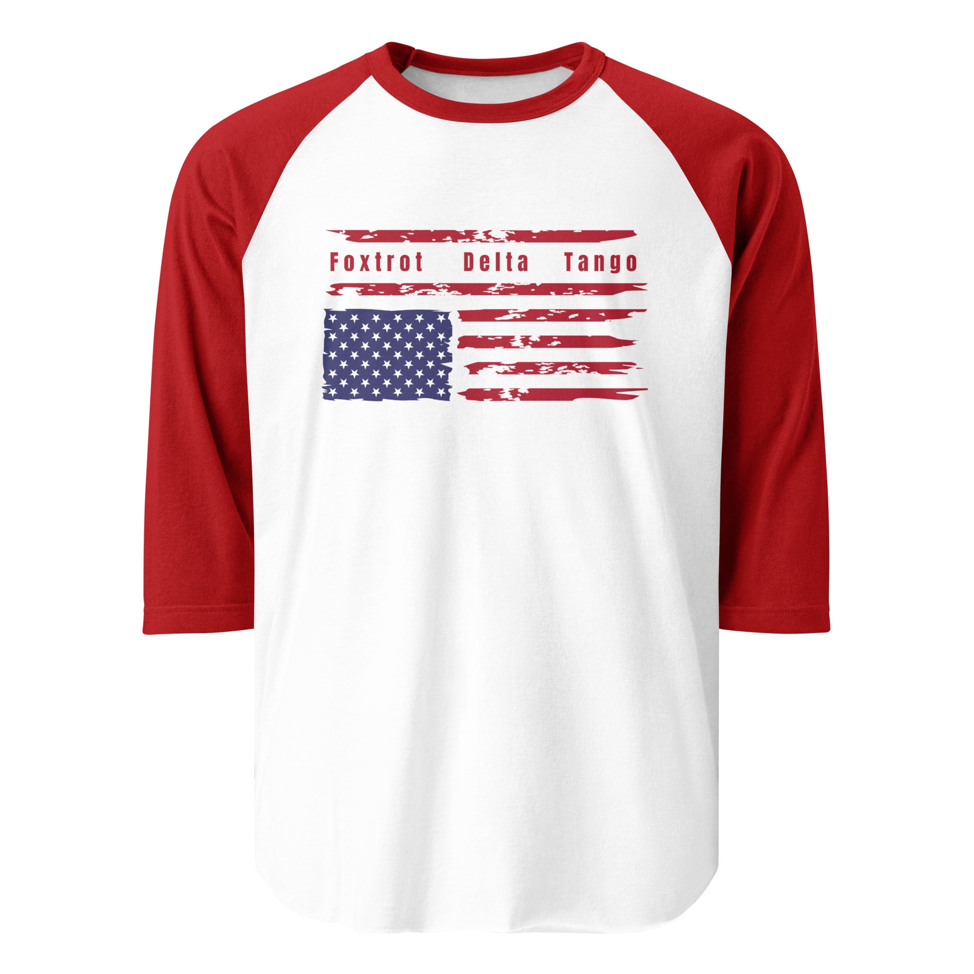Foxtrot Delta Tango (Flag) - 3/4 Sleeve Raglan T-Shirt Shirts & Tops Woke American Apparel White/Red XS