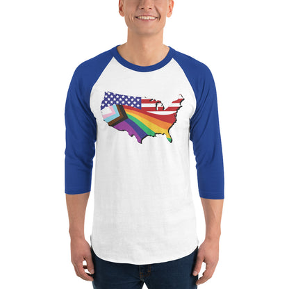 US Map Old Glory Pride - 3/4 Sleeve Raglan Shirt - Supporting Equal Rights for All Americans Shirts & Tops Woke American Apparel White/Royal XS 