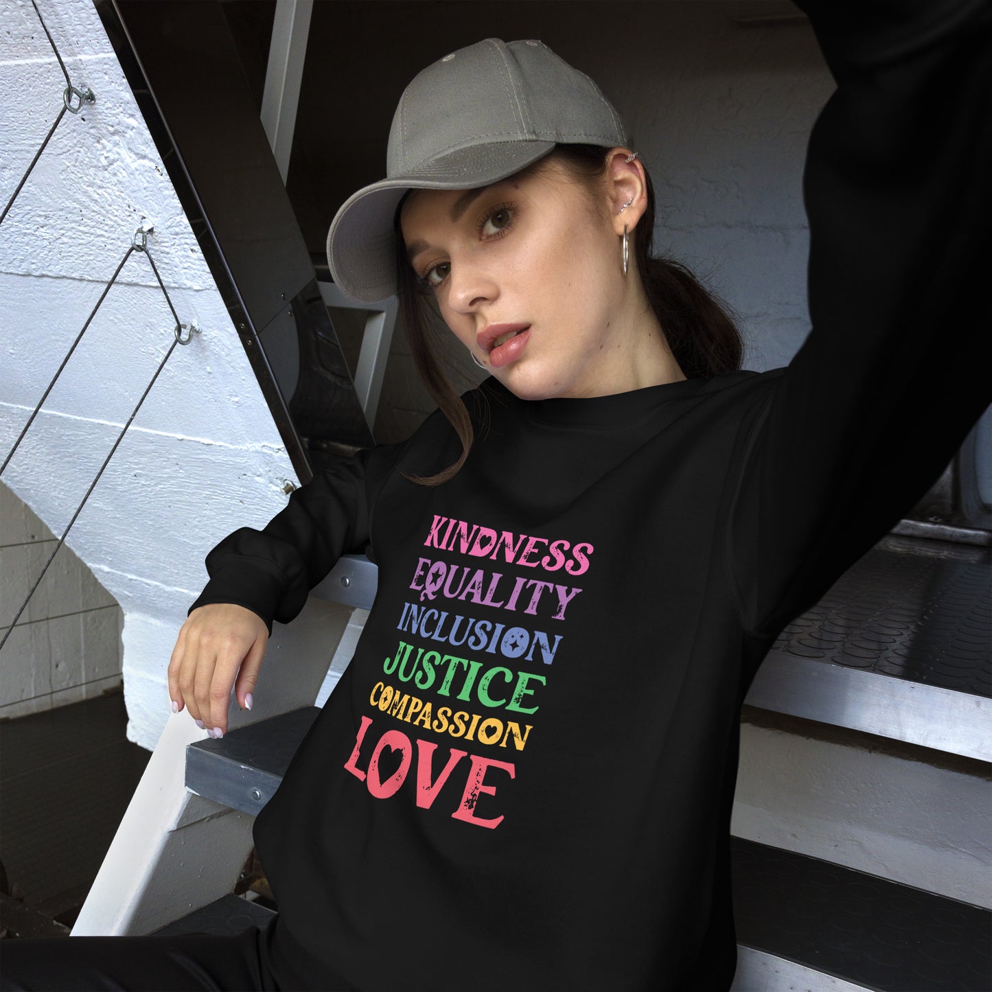 Kindness Equality Inclusion Justice Compassion Love (Rainbow) - Unisex Sweatshirt - Supporting Equal Rights for All Americans Shirts & Tops Woke American Apparel Black S 