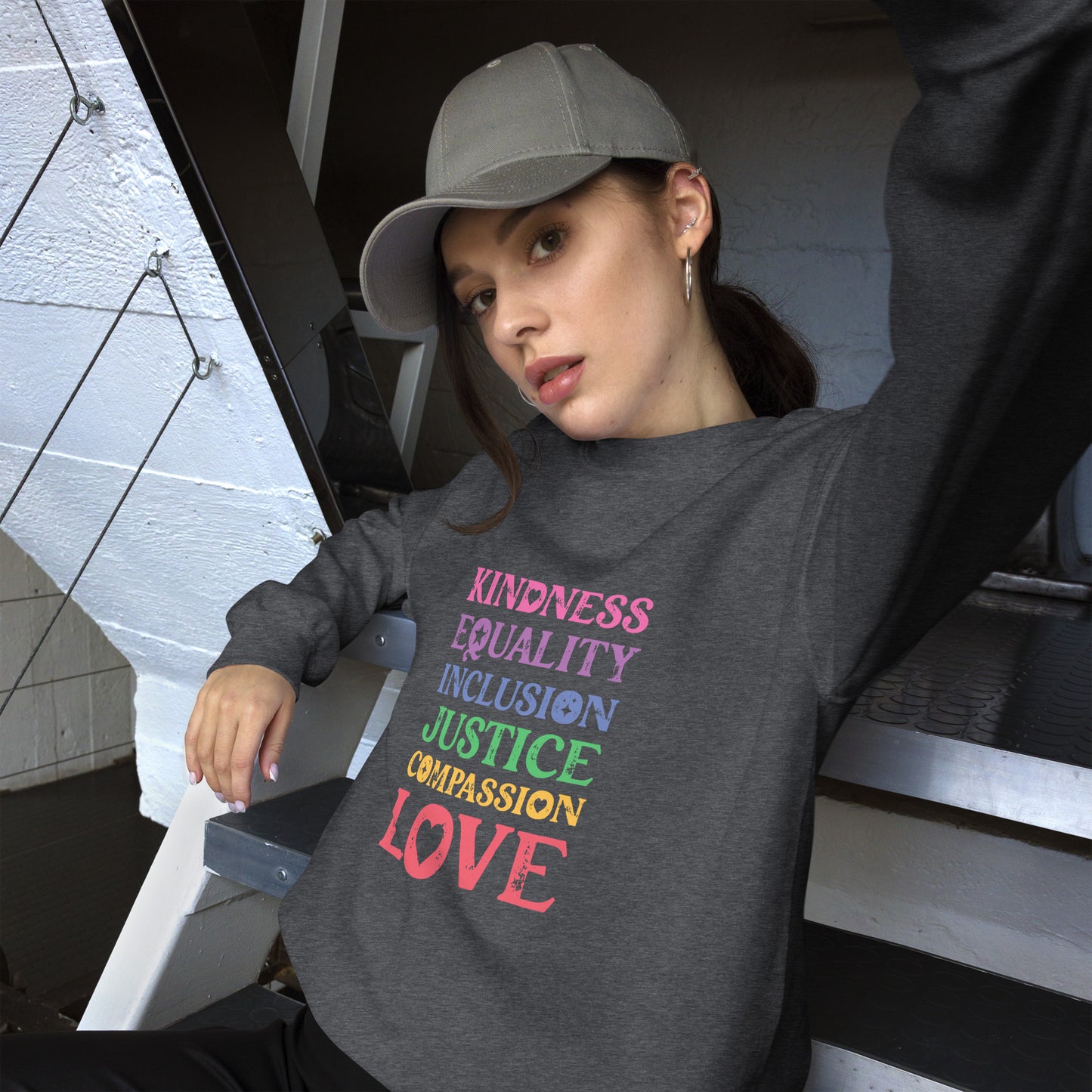 Kindness Equality Inclusion Justice Compassion Love (Rainbow) - Unisex Sweatshirt - Supporting Equal Rights for All Americans Shirts & Tops Woke American Apparel Dark Heather S 