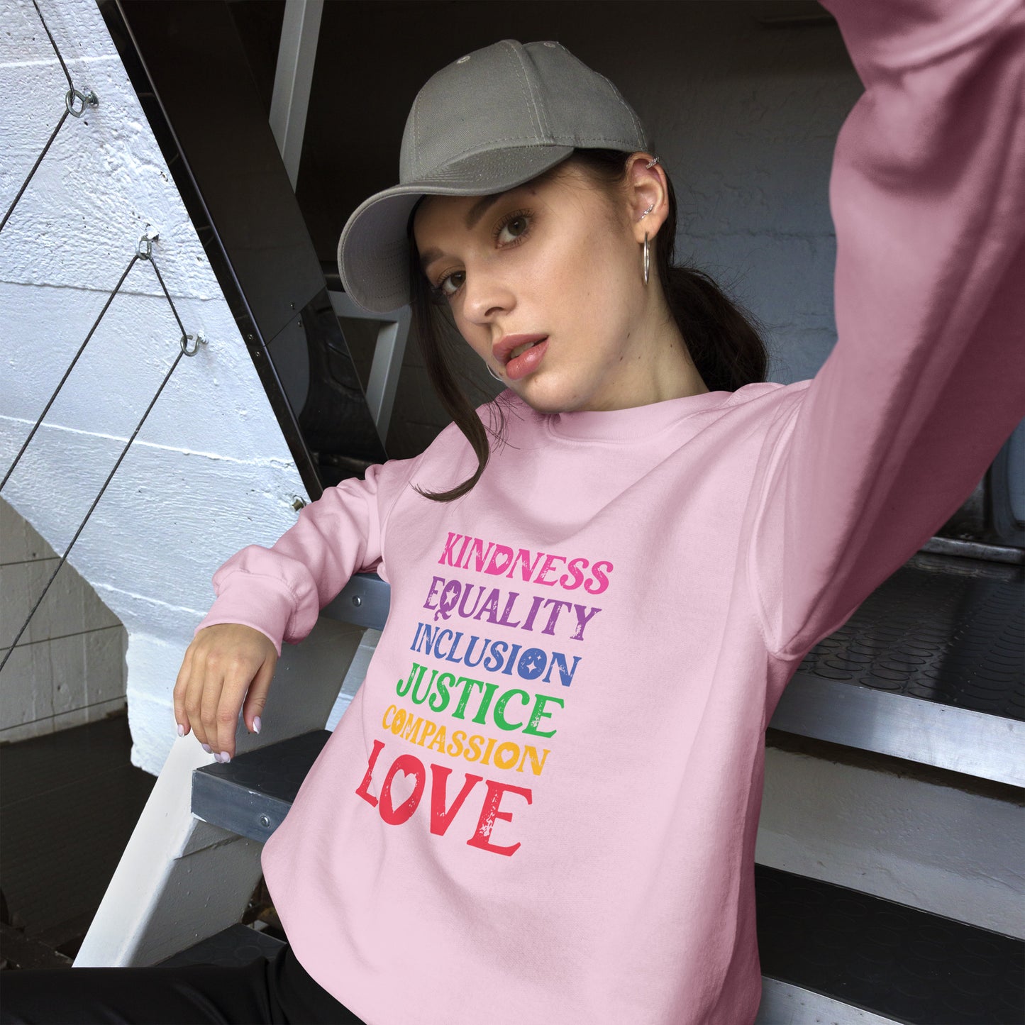 Kindness Equality Inclusion Justice Compassion Love (Rainbow) - Unisex Sweatshirt - Supporting Equal Rights for All Americans Shirts & Tops Woke American Apparel Light Pink S 
