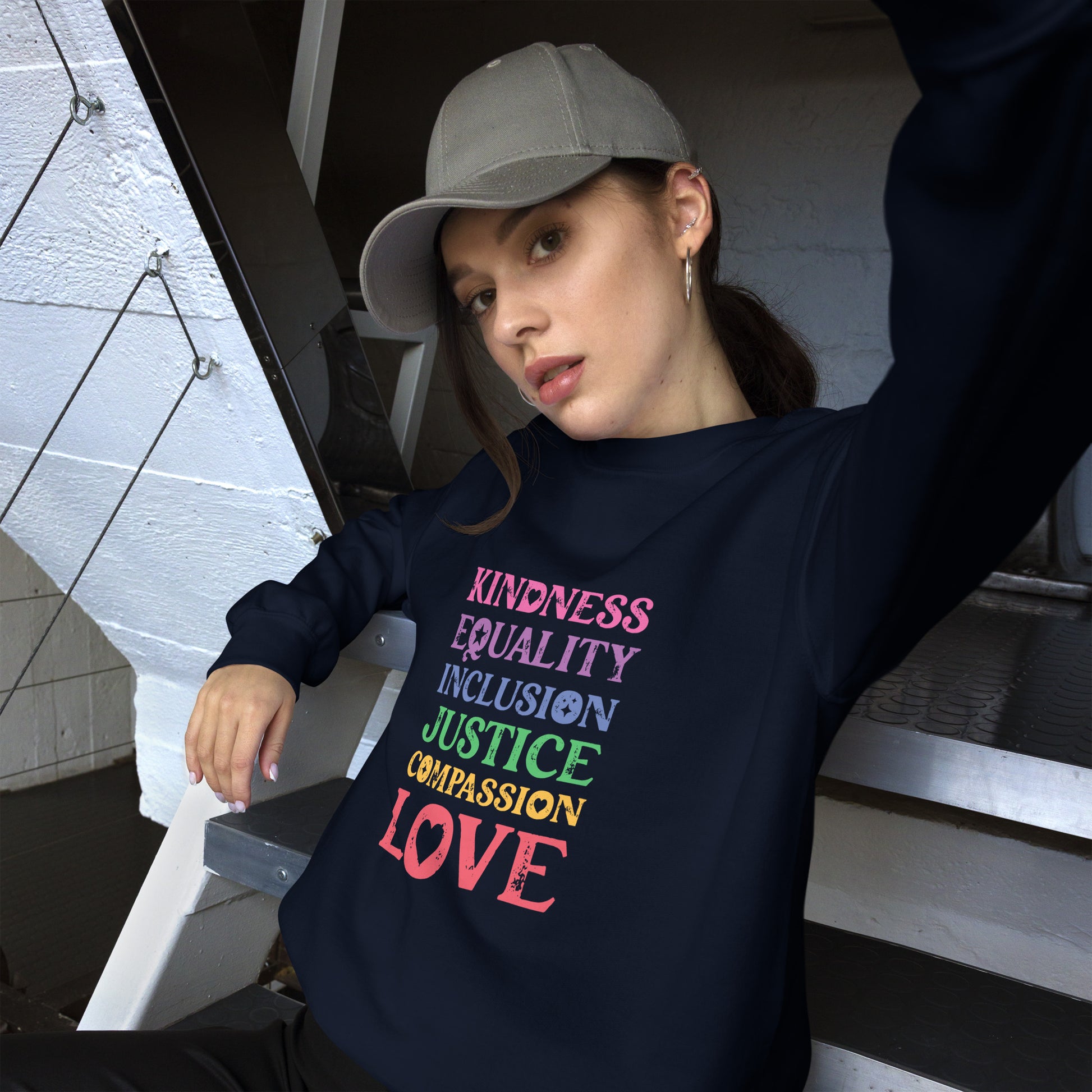 Kindness Equality Inclusion Justice Compassion Love (Rainbow) - Unisex Sweatshirt - Supporting Equal Rights for All Americans Shirts & Tops Woke American Apparel Navy S 