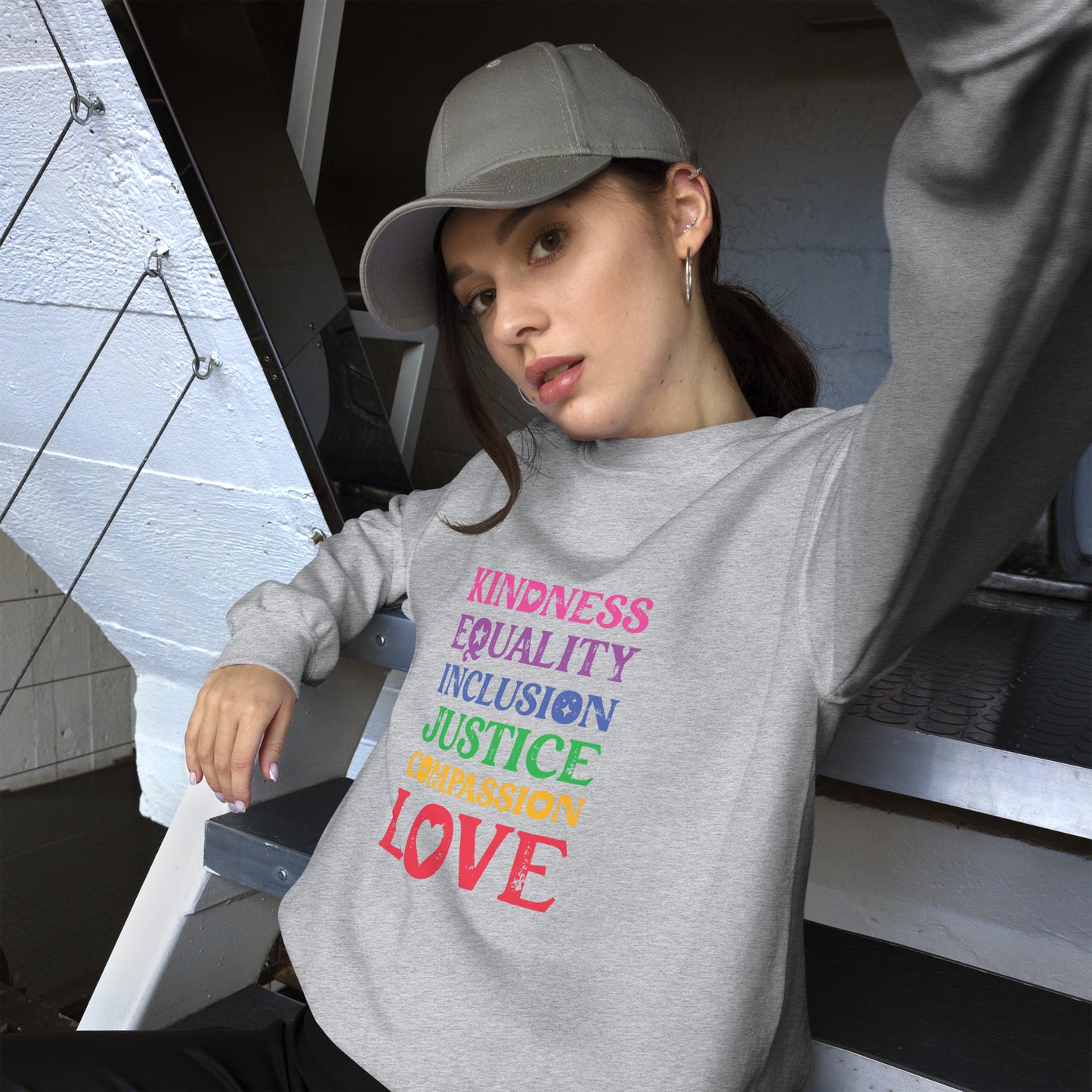 Kindness Equality Inclusion Justice Compassion Love (Rainbow) - Unisex Sweatshirt - Supporting Equal Rights for All Americans Shirts & Tops Woke American Apparel Sport Grey S 
