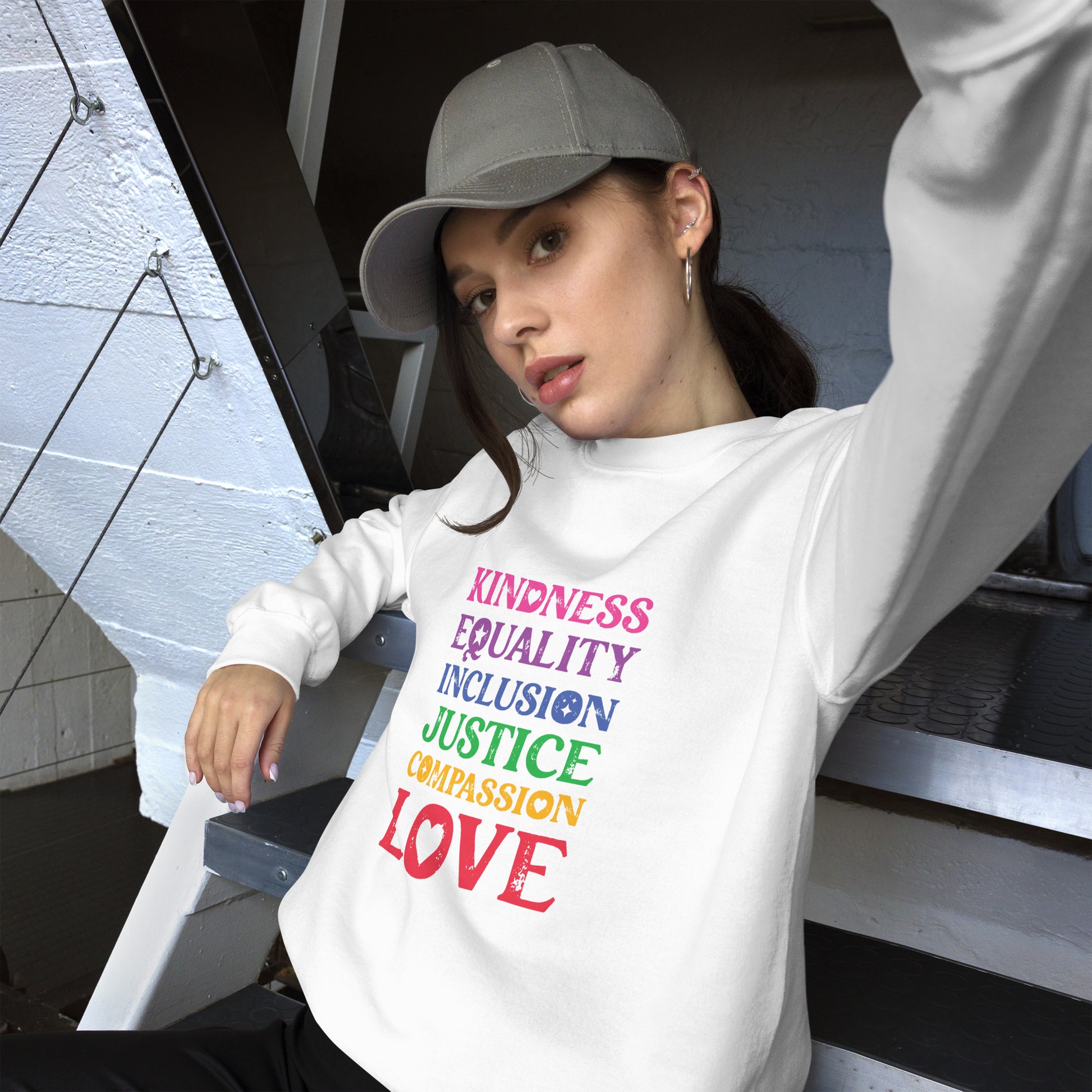 Kindness Equality Inclusion Justice Compassion Love (Rainbow) - Unisex Sweatshirt - Supporting Equal Rights for All Americans Shirts & Tops Woke American Apparel White S 