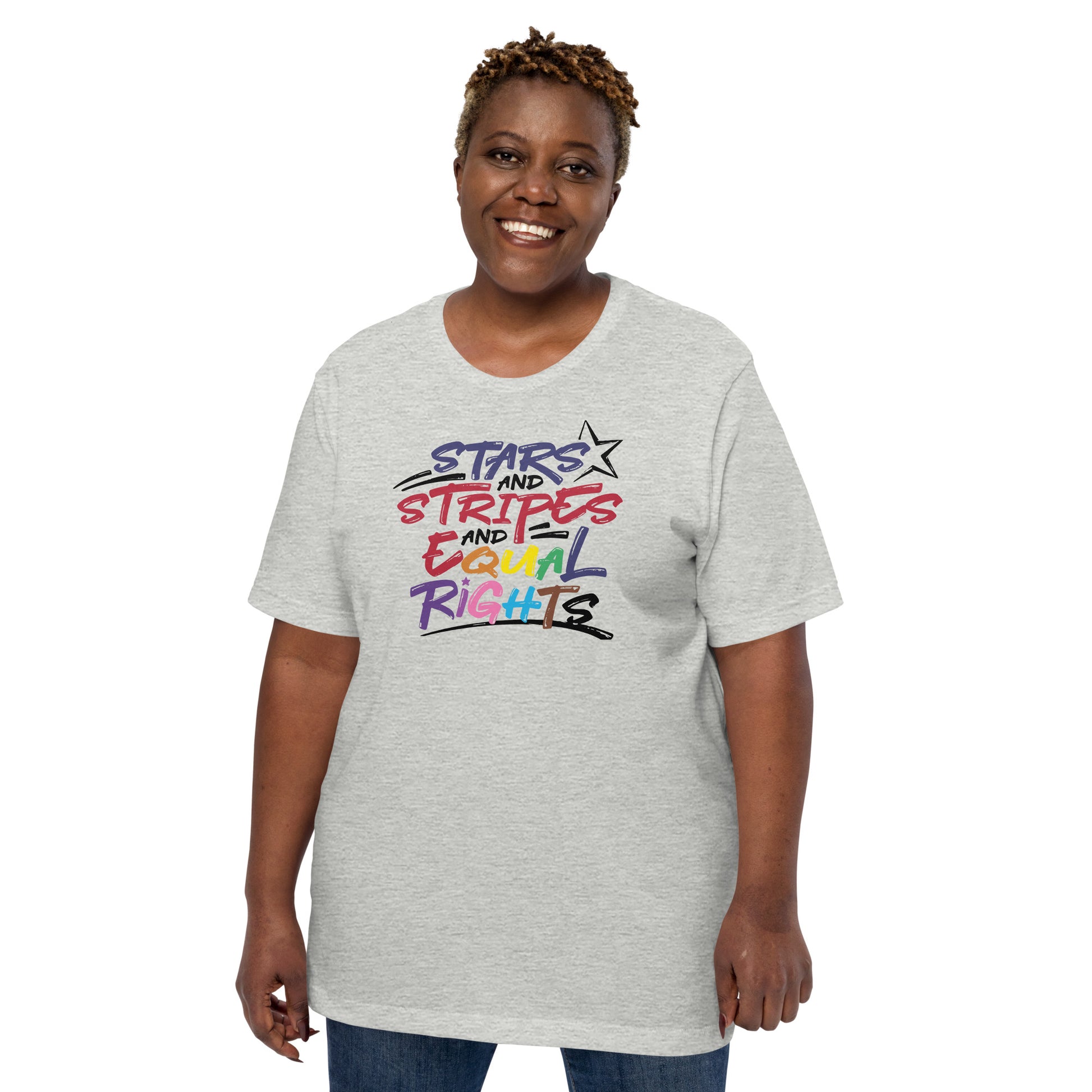 Stars and Stripes and Equal Rights (Rainbow Letters) - Unisex T-Shirt - Supporting Equal Rights for All Americans Shirts & Tops Woke American Apparel Athletic Heather XS 