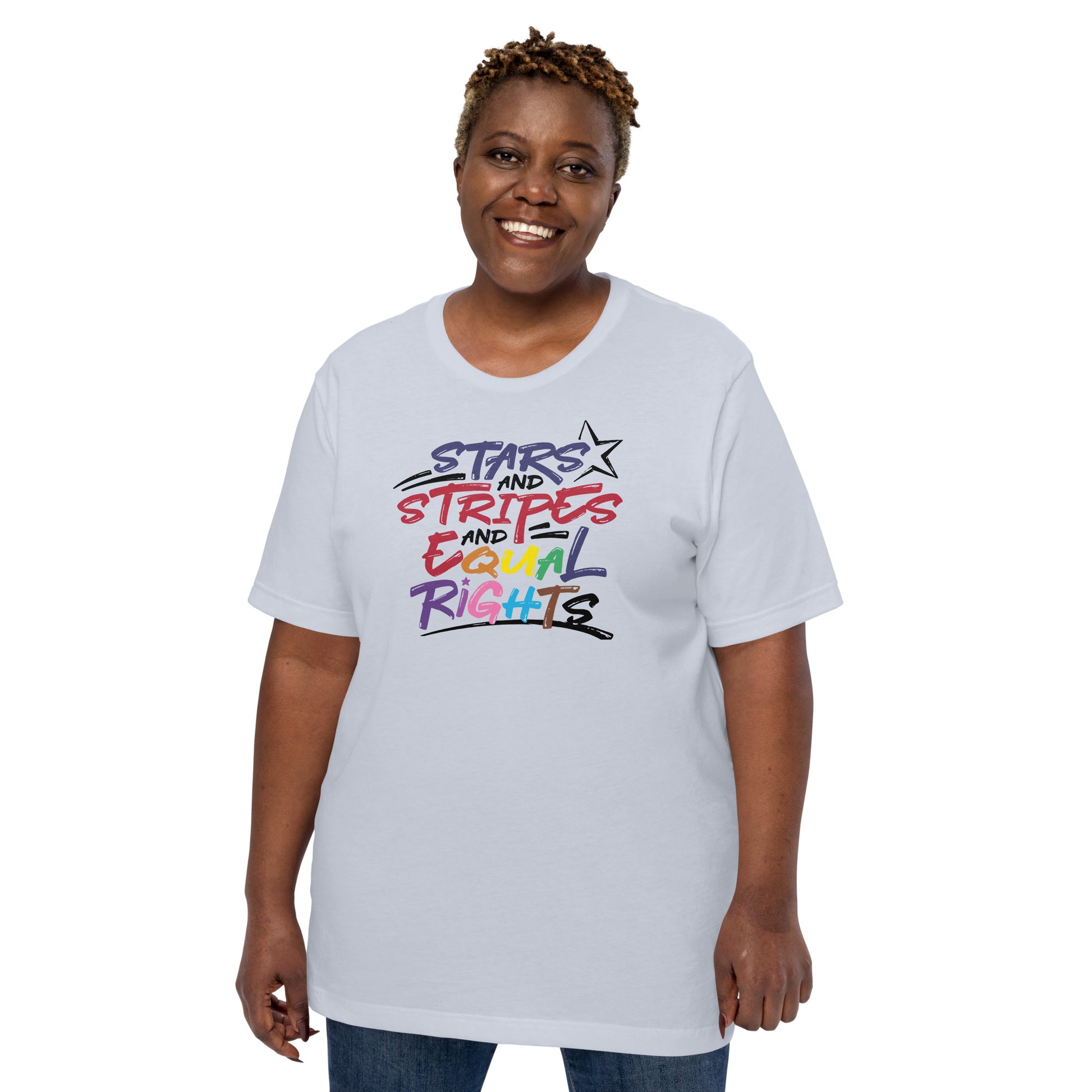 Stars and Stripes and Equal Rights (Rainbow Letters) - Unisex T-Shirt - Supporting Equal Rights for All Americans Shirts & Tops Woke American Apparel Light Blue XS 