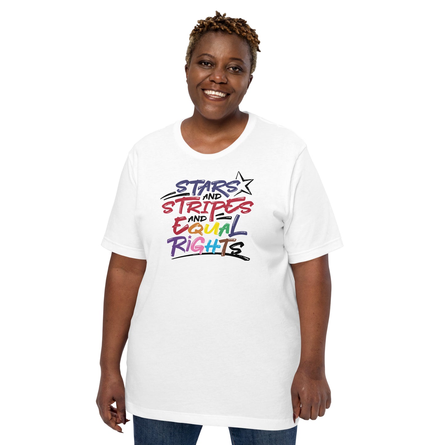 Stars and Stripes and Equal Rights (Rainbow Letters) - Unisex T-Shirt - Supporting Equal Rights for All Americans Shirts & Tops Woke American Apparel White XS 