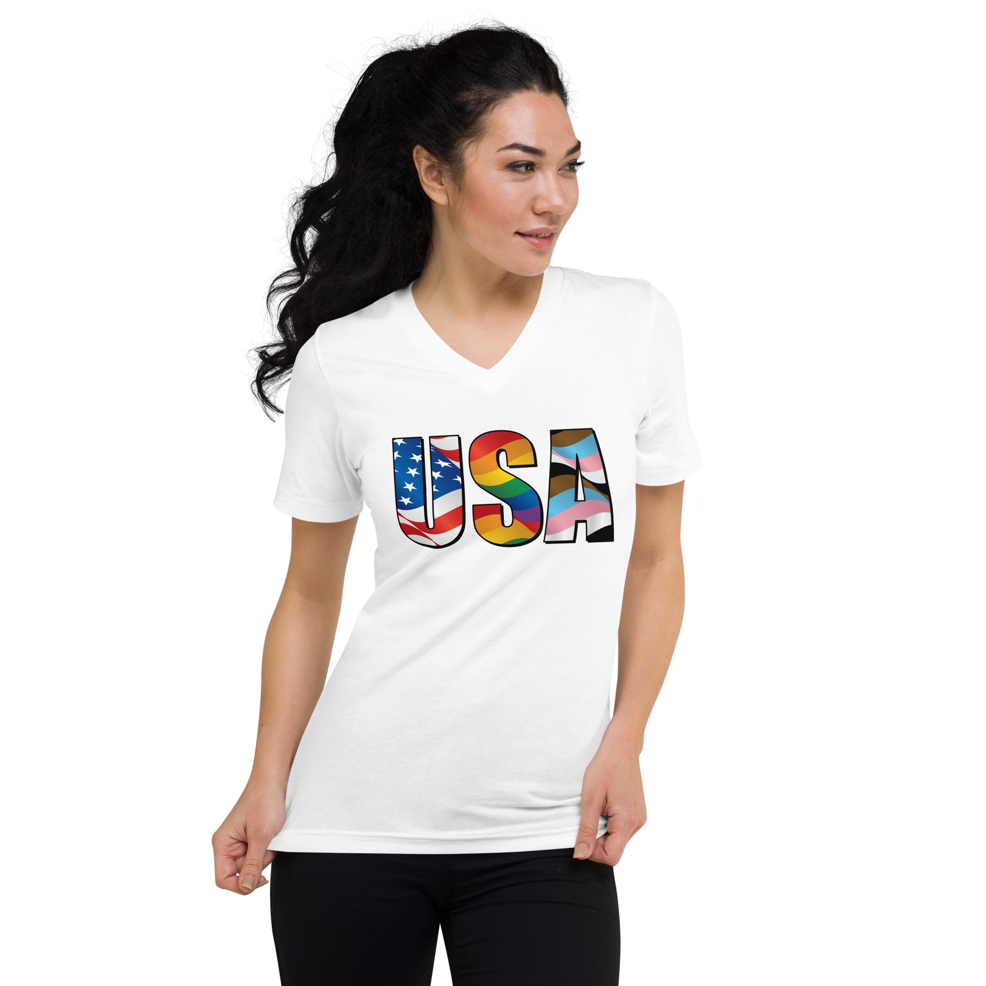 USA Pride - V-Neck T-Shirt - Supporting Equal Rights for All Americans Shirts & Tops Woke American Apparel White S 