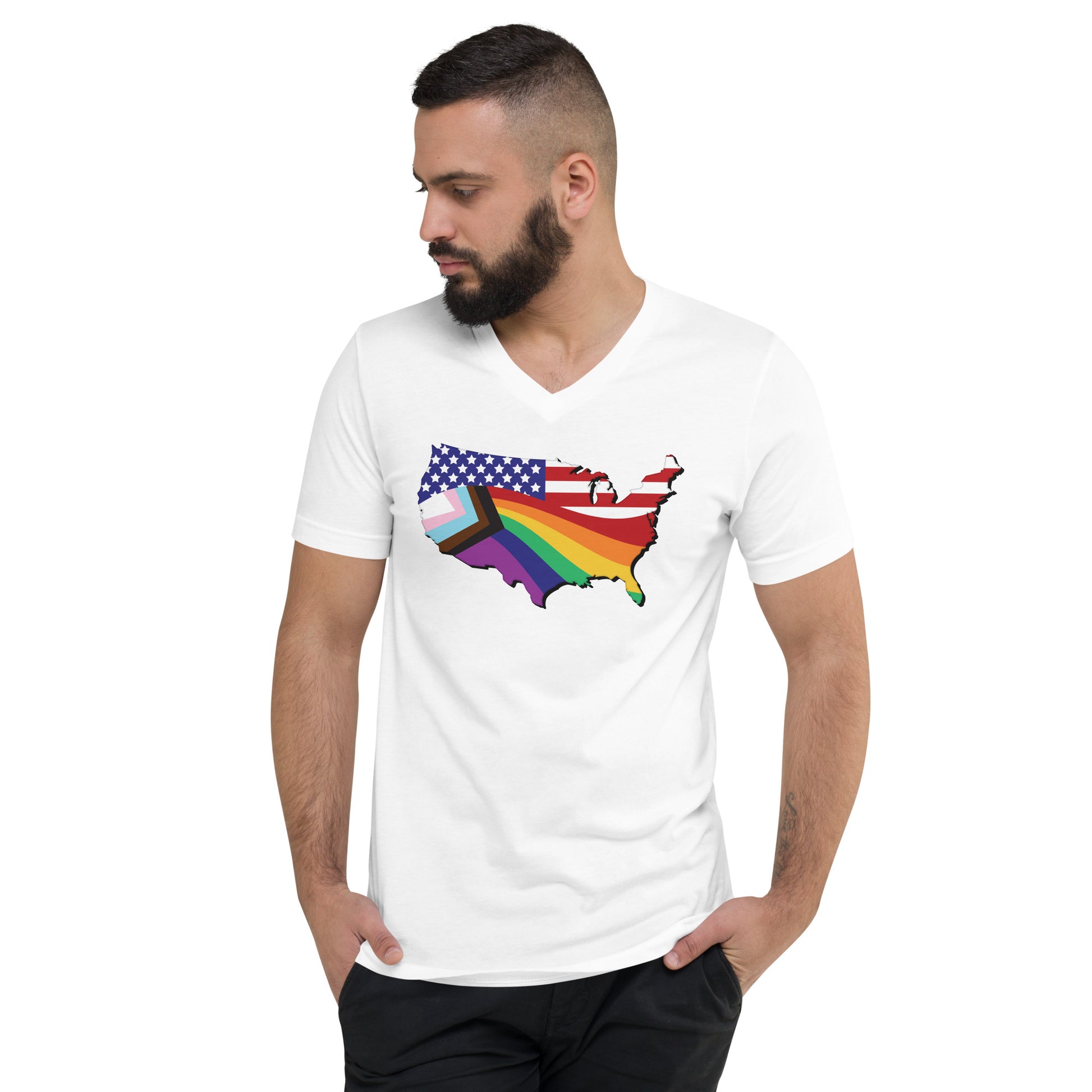 US Map Old Glory Pride - V-Neck T-Shirt - Supporting Equal Rights for All Americans Shirts & Tops Woke American Apparel White S 