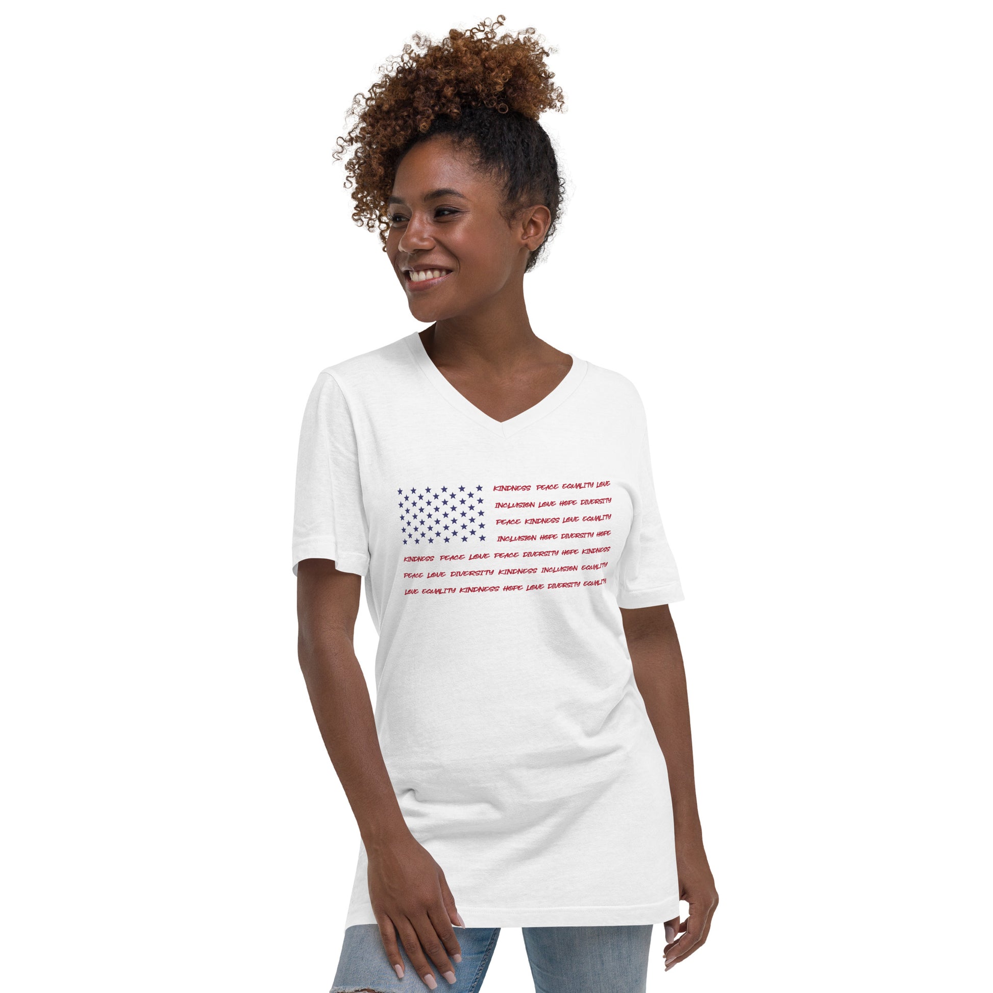 Flag Words of Kindness - V-Neck T-Shirt - Supporting Equal Rights for All Americans Shirts & Tops Woke American Apparel S  