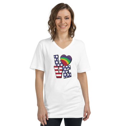 Old Glory Love with Rainbow Heart - V-Neck T-Shirt - Supporting Equal Rights for All Americans Shirts & Tops Woke American Apparel White S 