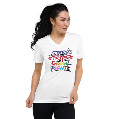 Stars and Stripes and Equal Rights (Rainbow Letters) - V-Neck T-Shirt - Supporting Equal Rights for All Americans Shirts & Tops Woke American Apparel S  