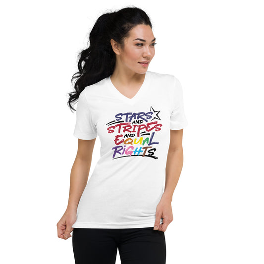 Stars and Stripes and Equal Rights (Rainbow Letters) - V-Neck T-Shirt - Supporting Equal Rights for All Americans Shirts & Tops Woke American Apparel S  