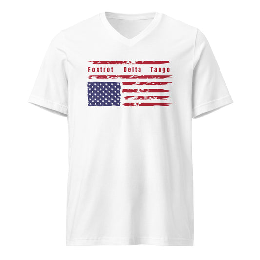 Foxtrot Delta Tango (Flag) - Unisex V-Neck T-Shirt Shirts & Tops Woke American Apparel White S