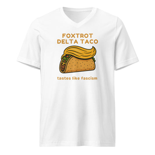 Foxtrot Delta Taco - Unisex V-Neck T-Shirt Shirts & Tops Woke American Apparel White S