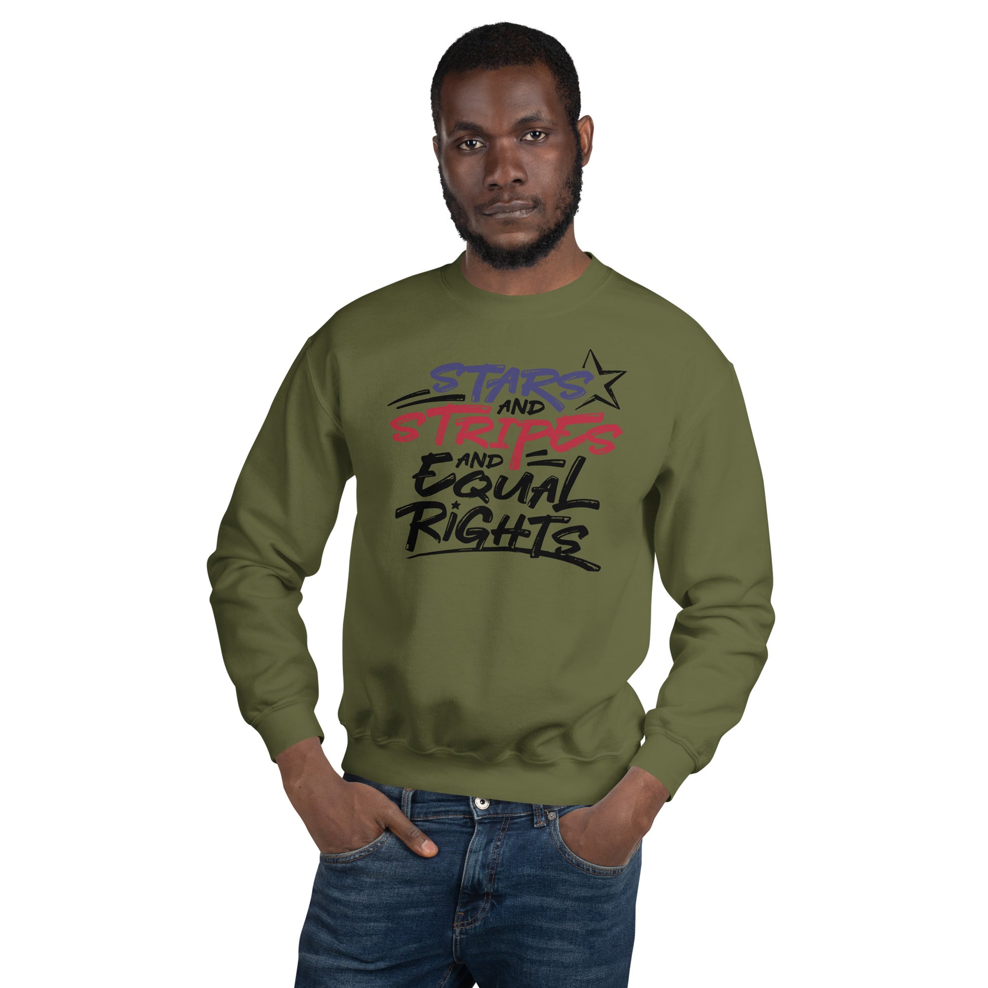 Stars and Stripes and Equal Rights - Unisex Sweatshirt - Supporting Black Lives Matter and Equal Rights for All Americans Shirts & Tops Woke American Apparel Military Green S 