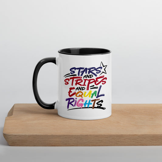 Stars and Stripes and Equal Rights (Rainbow Letters) - Mug with Color Inside - Supporting Equal Rights for All Americans Mugs Woke American Apparel   