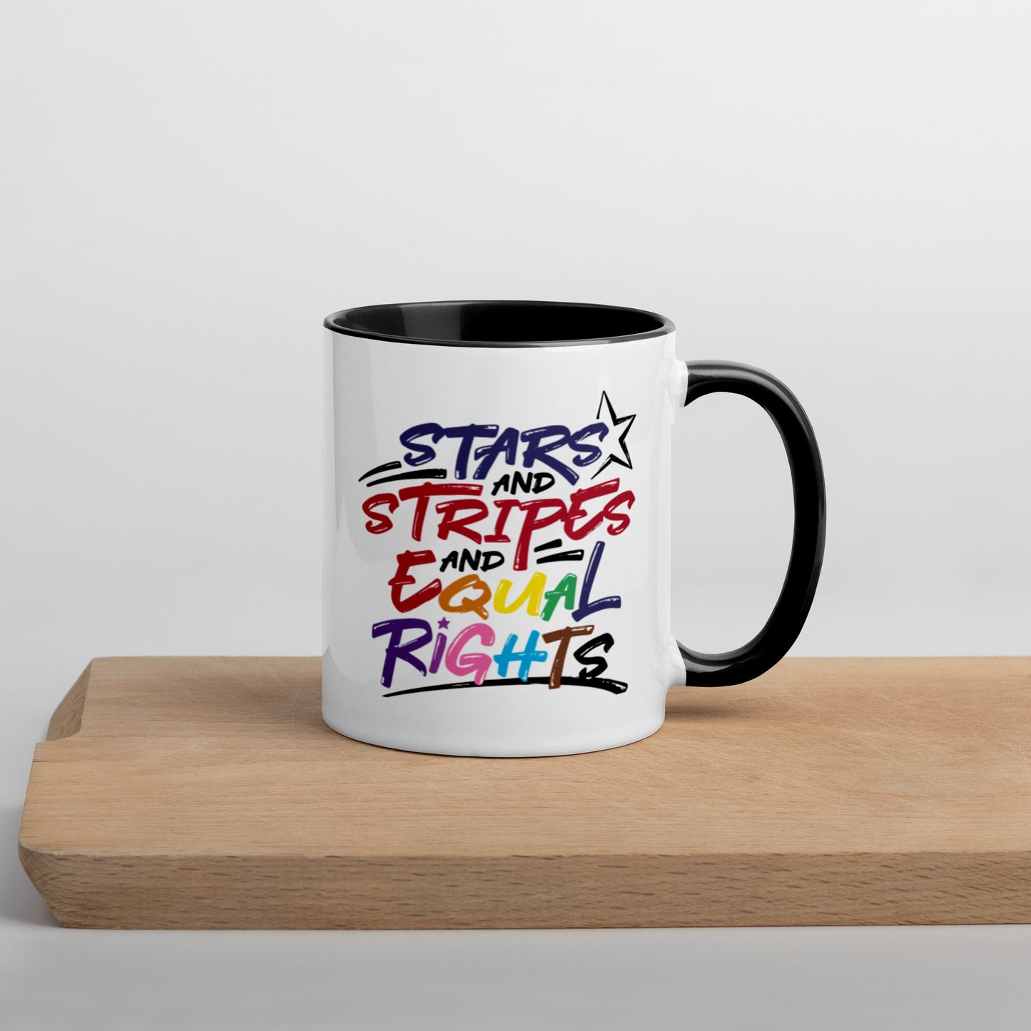 Stars and Stripes and Equal Rights (Rainbow Letters) - Mug with Color Inside - Supporting Equal Rights for All Americans Mugs Woke American Apparel   